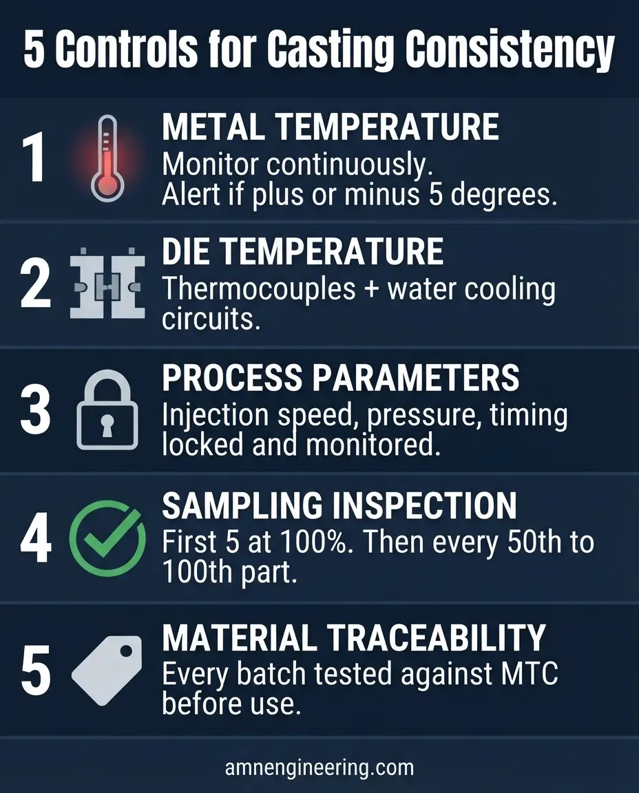 Infographic showing the five process controls that maintain consistency in high volume casting: metal temperature monitoring, die temperature management, parameter locking, regular sampling, and material traceability